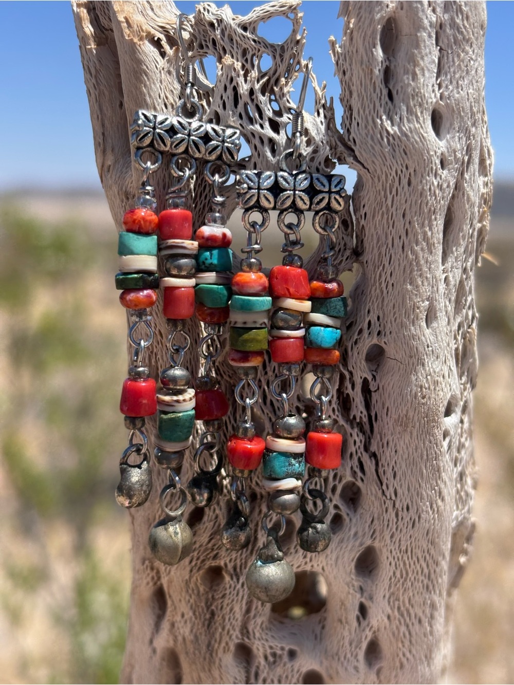 Handmade Vintage Coral, Orange Spiny, Shell and Turquoise Silver Dangle Earrings